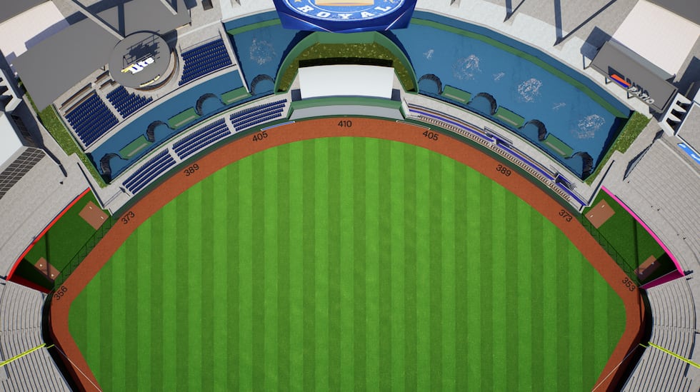The dimensions of the Kauffman Stadium outfield wall before they are moved in.
