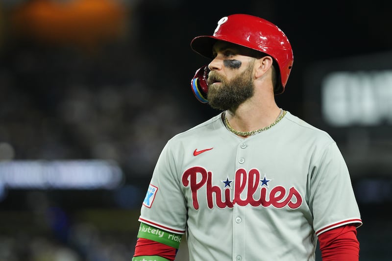 LOS ANGELES, CA - SEPTEMBER 17:   Bryce Harper #3 of the Philadelphia Phillies looks on during the game between the Philadelphia Phillies and the Los Angeles Dodgers at Dodger Stadium on Wednesday, September 17, 2025 in Los Angeles, California. (Photo by Tom Wilson/MLB Photos via Getty Images)