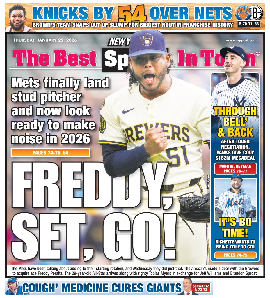 Newspaper front page with headlines about the Mets acquiring Freddy Peralta, the Knicks' win, and the Yankees' Cody Martin deal.