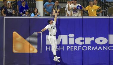 Tampa Bay Rays outfielder Josh Lowe jumps for a hit by Toronto Blue Jays' Nathan Lukes that was eventually ruled a home run after review during the fourth inning of a baseball game Tuesday, Sept. 16, 2025, in Tampa, Fla. (AP Photo/Mike Carlson)