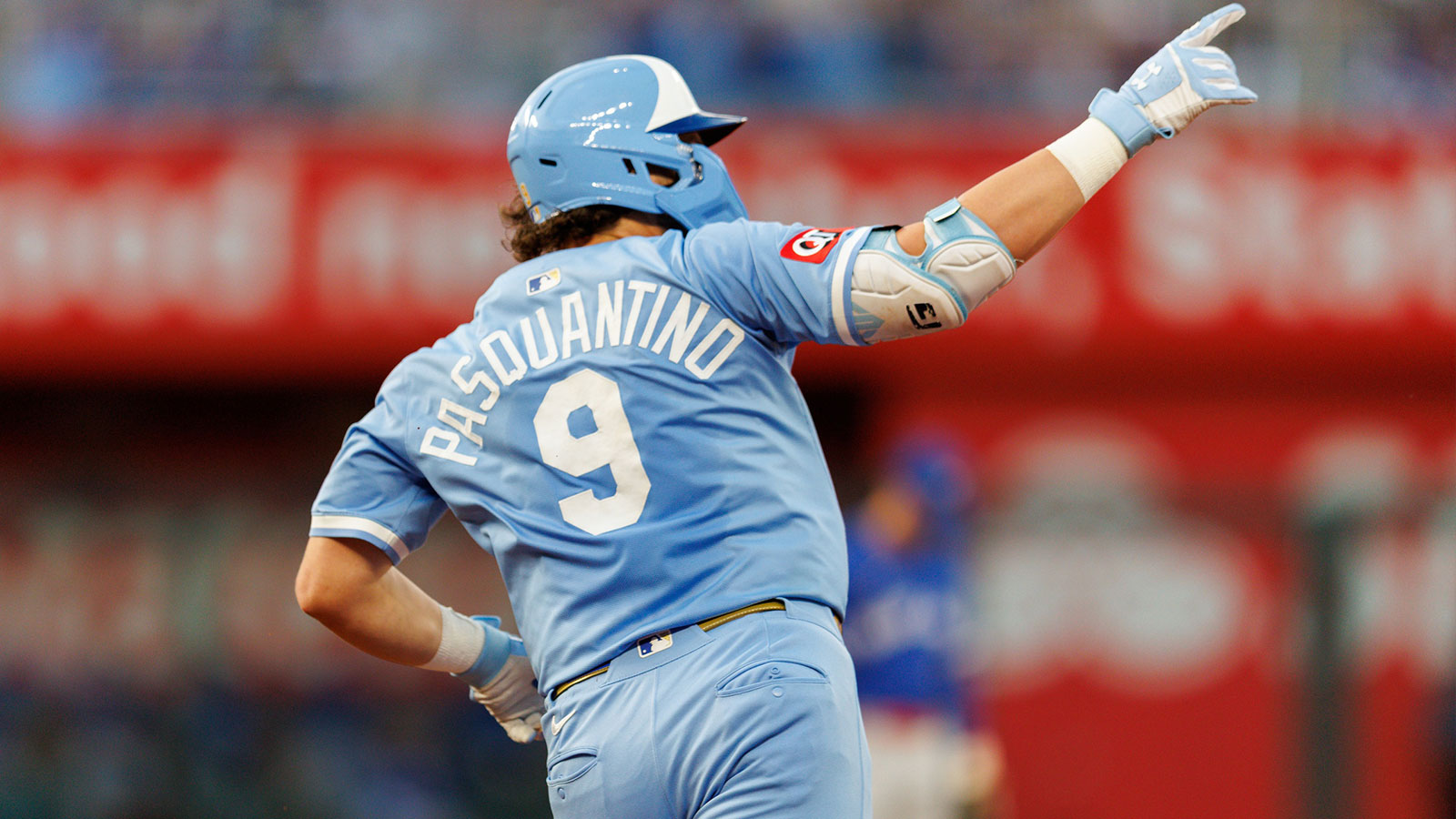 Kansas City Royals first base Vinnie Pasquantino (9) rounds the bases after hitting a home run during the fourth inning against the Toronto Blue Jays at Kauffman Stadium.