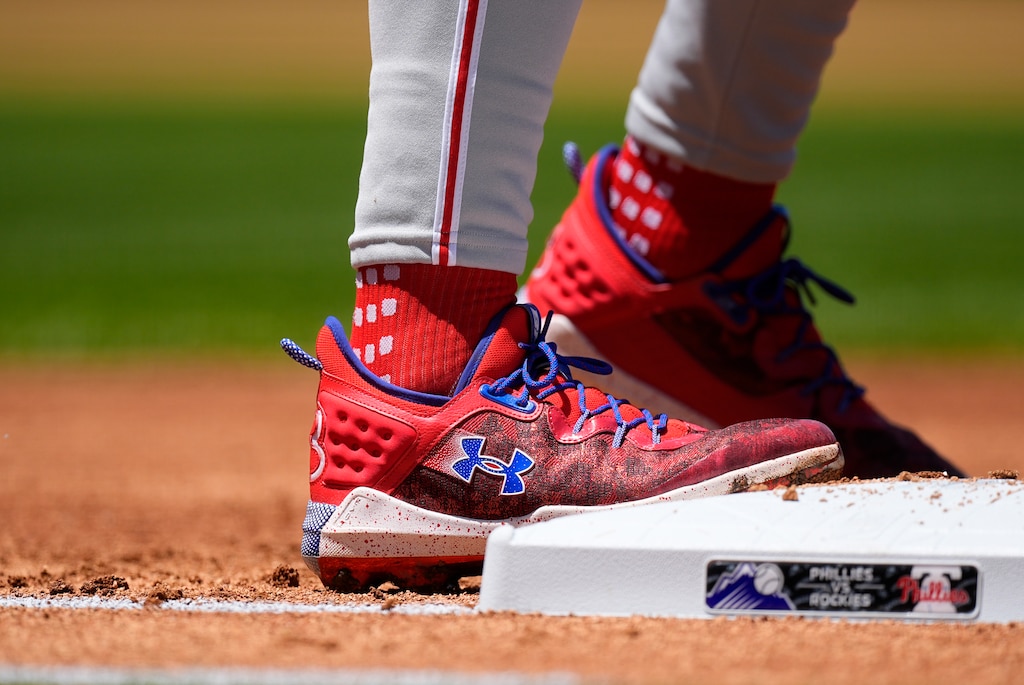 FILE - Philadelphia Phillies first baseman Bryce Harper wears a pair of cleats from Under Armour in a baseball game on May 26, 2024, in Denver. (AP Photo/David Zalubowski, File)