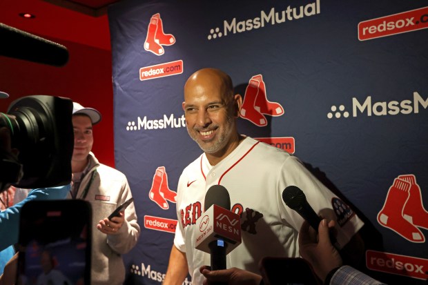 Red Sox manager Alex Cora speaks to the media as the Red Sox hold Fenway Fest. (Staff Photo By Stuart Cahill/Boston Herald)
