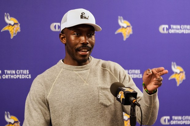 FILE - Minnesota Vikings general manager Kwesi Adofo-Mensah answers questions during an NFL football press conference Thursday, April 17, 2025, in Eagan, Minn. (AP Photo/Abbie Parr, File)