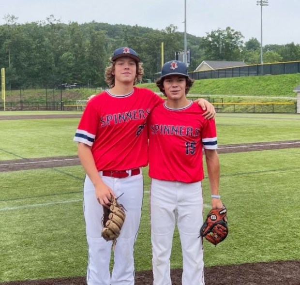 Chelmsford natives Finn Ramseyer, left, and Matthew Hall during their days playing for the Junior Spinners. Now in college, they'll be reunited as members of the Lowell Spinners. (Courtesy photo)