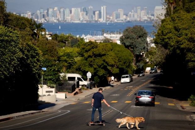 A person skateboards along Talbot Street while walking a dog in Point Loma on Thursday, July 31, 2025 in San Diego, CA. (Meg McLaughlin / The San Diego Union-Tribune)