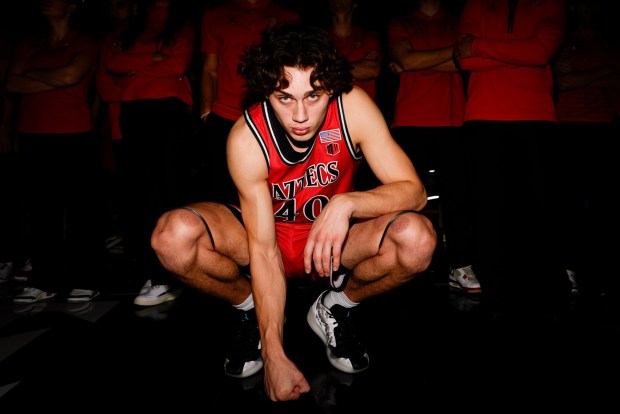 San Diego State forward Miles Heide looks on before the Aztecs' game against San Jose State at Viejas Arena on Tuesday, Jan. 28, 2025 in San Diego, CA. (Meg McLaughlin / The San Diego Union-Tribune)