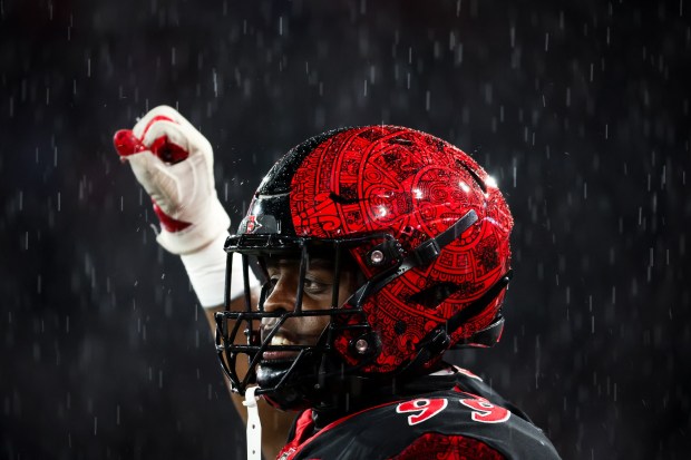 Brian Townsend Jr. #99 of the San Diego State Aztecs celebrates on the sidelines during their game against the Boise State Broncos at Snapdragon Stadium on Sunday, Nov. 16, 2025 in San Diego, California. (Meg McLaughlin / The San Diego Union-Tribune)