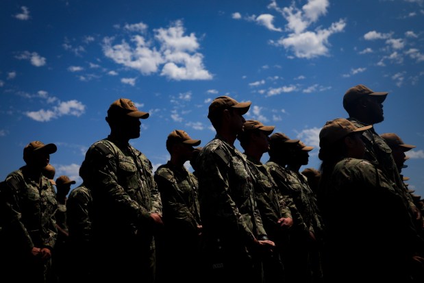Sailors listen to Navy Secretary John Phelan speak the USS Somerset on Tuesday, Aug. 26, 2025 in National City, CA. (Meg McLaughlin / The San Diego Union-Tribune)