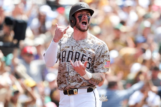 San Diego Padres' Jackson Merrill celebrates after scoring a run against the Kansas City Royals during the seventh inning at Petco Park on Sunday, June 22, 2025 in San Diego, CA. (Meg McLaughlin / The San Diego Union-Tribune)