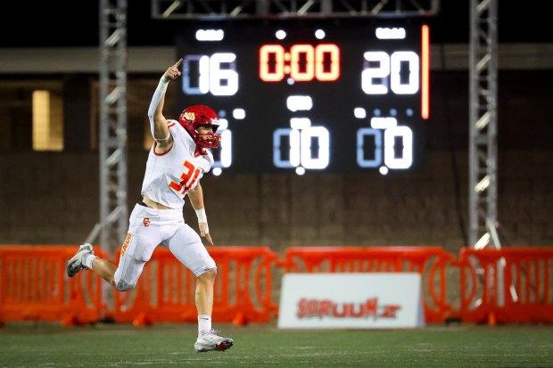 Cathedral Catholic's Ryder Molchanoff celebrates after the Dons defeated Carlsbad during the CIF San Diego Section Open Division finals at Southwestern College on Tuesday, Nov. 25, 2025 in San Diego, California. (Meg McLaughlin / The San Diego Union-Tribune)