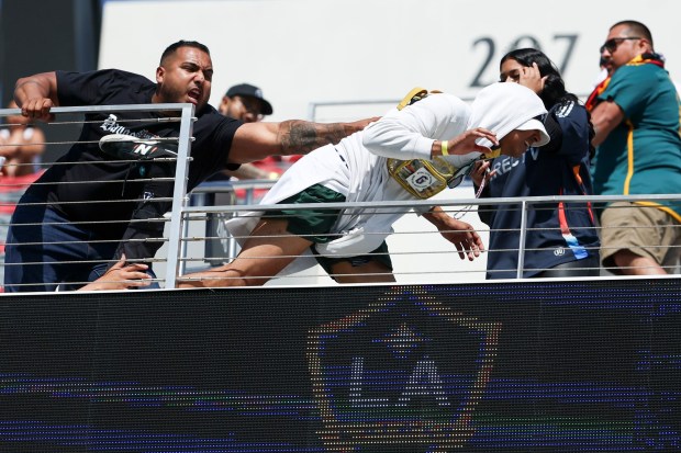 San Diego FC and Los Angeles Galaxy fans fight after the match at Snapdragon Stadium on Saturday, May 24, 2025 in San Diego, CA. (Meg McLaughlin / The San Diego Union-Tribune)