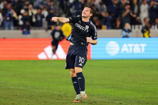 Anders Dreyer #10 of San Diego FC celebrates after defeating Minnesota United during the 2025 MLS Cup Playoffs: Conference Semifinals at Snapdragon Stadium on Monday, Nov. 24, 2025 in San Diego, California. (Meg McLaughlin / The San Diego Union-Tribune)
