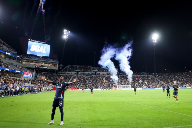 Lamine Sadio #37 of San Diego FC celebrates after a goal against Club Tijuana during the first-ever Baja Cup exhibition match at Snapdragon Stadium on Tuesday, Sept. 16, 2025 in San Diego, California. (Meg McLaughlin / The San Diego Union-Tribune)