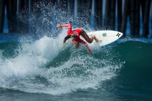 Avery McDonald competes during the first day of Super Girl Surf Pro competition at Oceanside Pier on Friday, Sept. 19, 2025 in Oceanside, California. (Meg McLaughlin / The San Diego Union-Tribune)