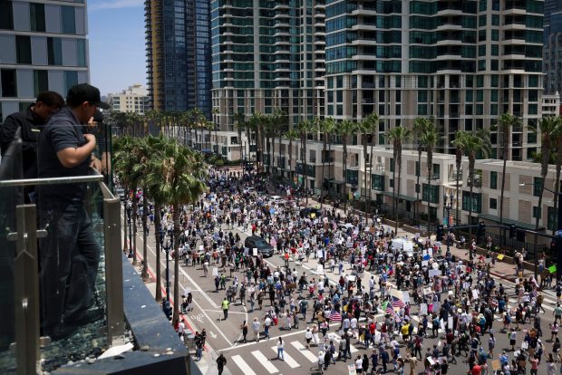 San Diego, CA - June 14: People march along Pacific Highway during a No Kings protest and march on Saturday, June 14, 2025 in San Diego, CA. (Meg McLaughlin / The San Diego Union-Tribune)