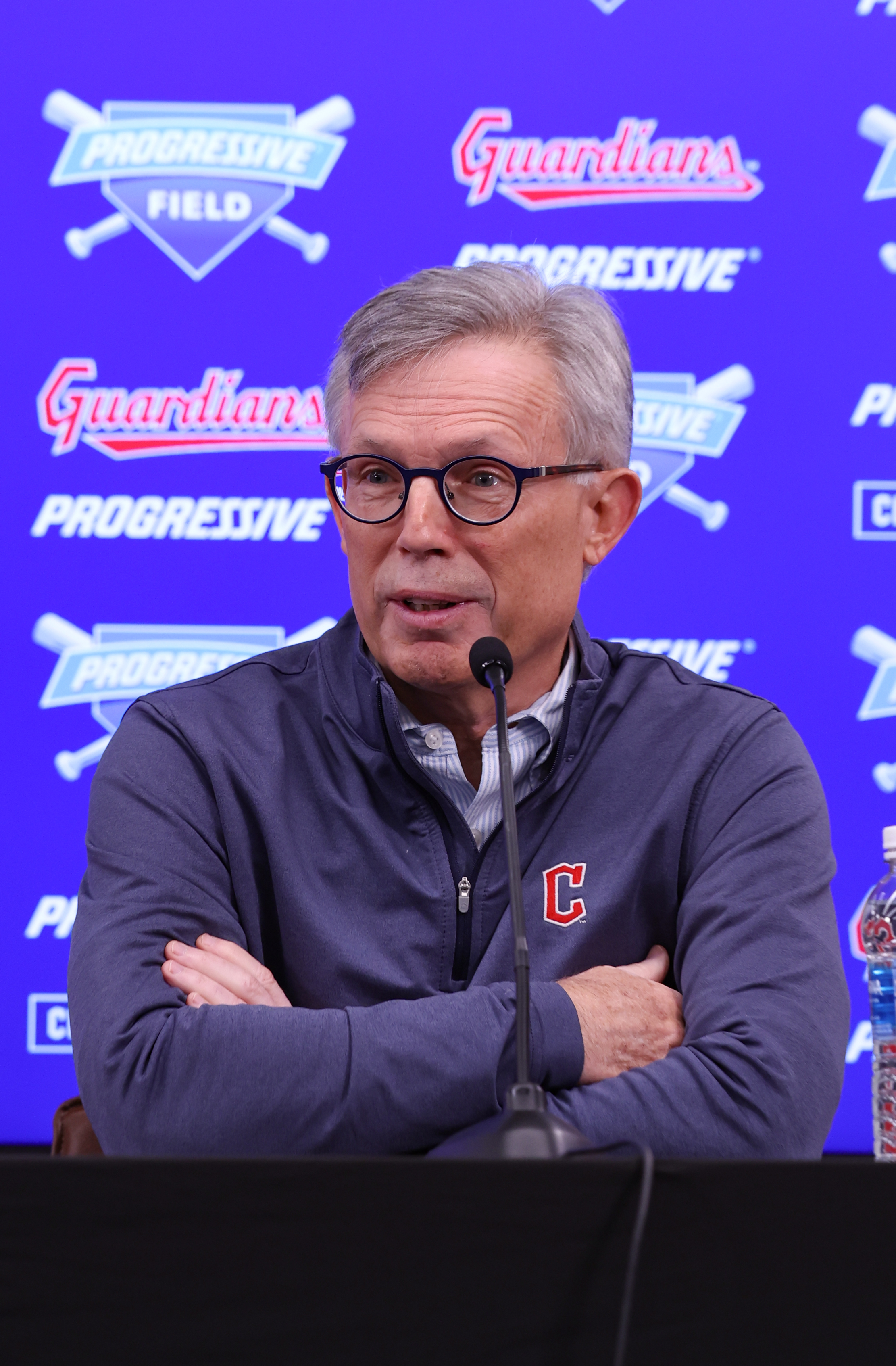 Indians owner Paul Dolan talks to reporters on Jan. 29....