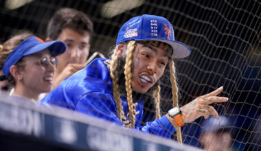 FILE - Rapper Tekashi 6ix9ine watches a baseball game between the Miami Marlins and New York Mets, ...