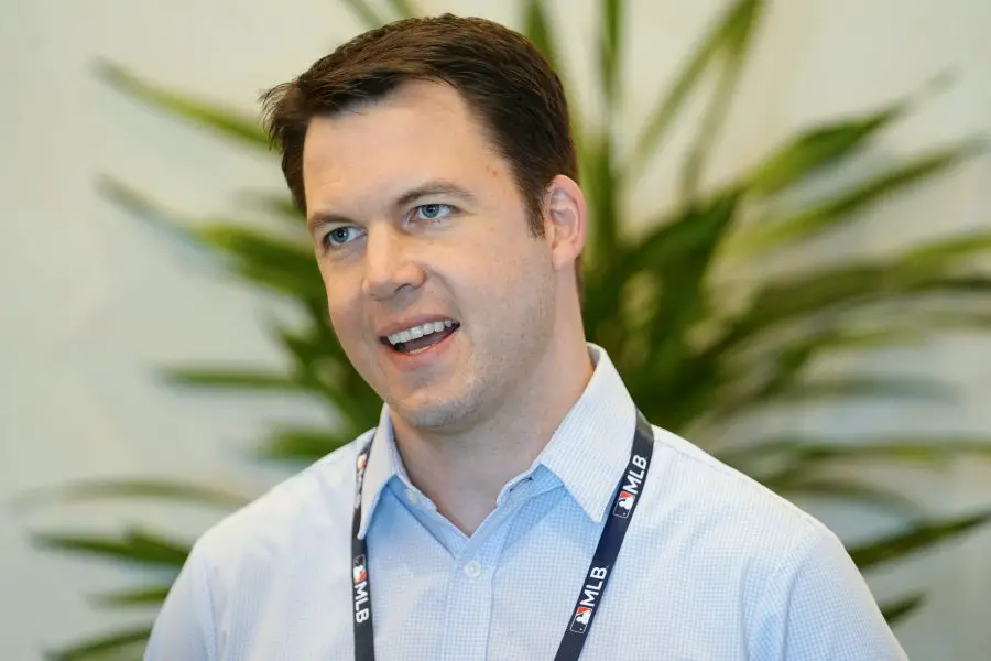 Chicago Cubs general manager Carter Hawkins answers questions from the media during the MLB GM Meetings at The Conrad Las Vegas.