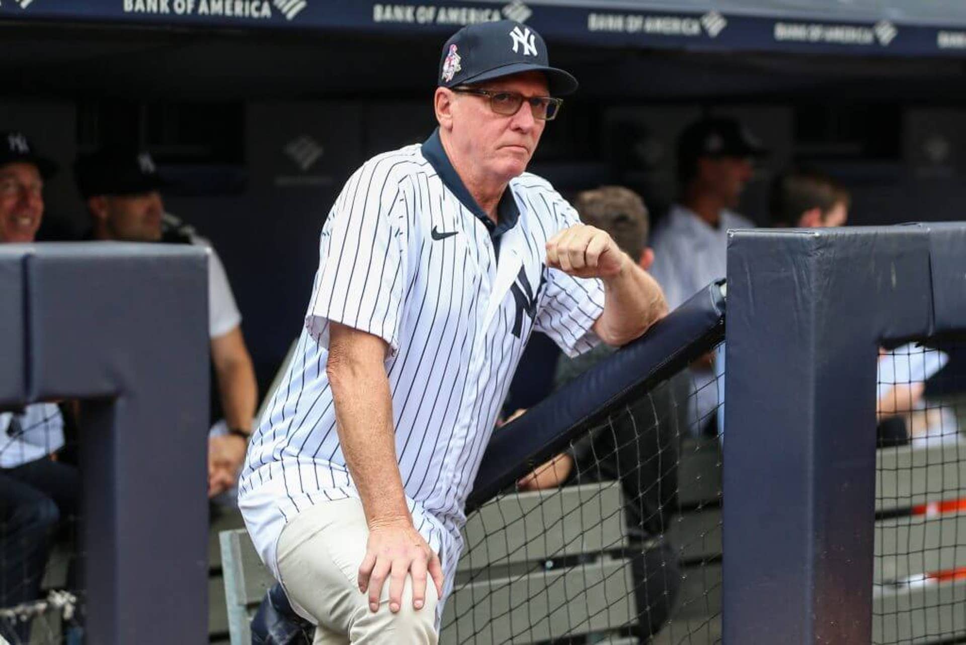 Yankees former pitcher David Cone stands in the dugout at Old Timer's Day.