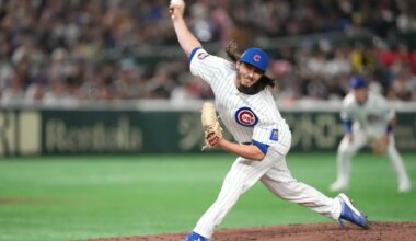 Chicago Cubs pitcher Eli Morgan (33) throws a pitch against the Hanshin Tigers during the fifth inning at Tokyo Dome.