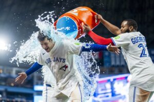 Ernie Clement (left) delivered a walk-off hit for the Blue Jays on Saturday.