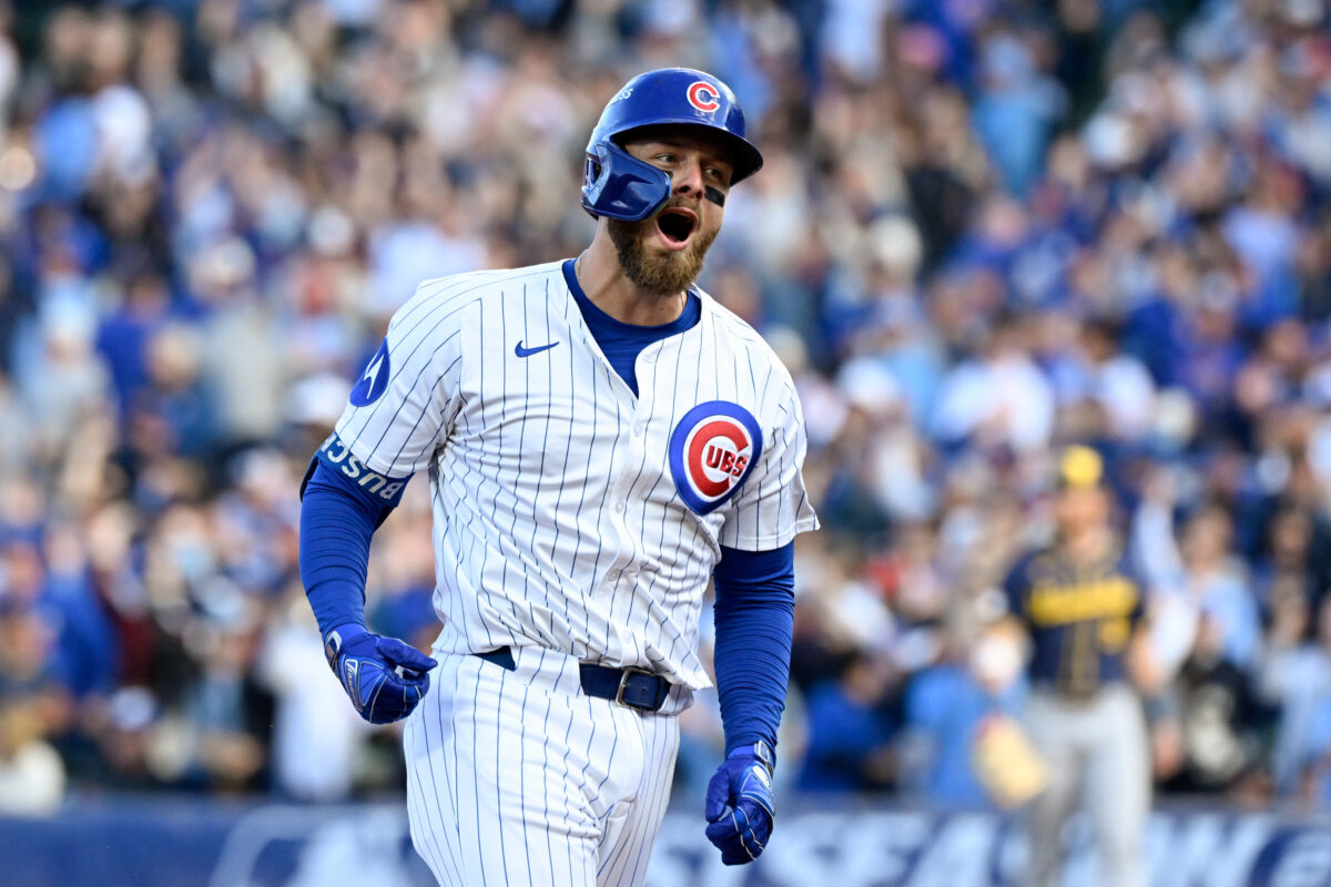 Oct 8, 2025; Chicago, Illinois, USA; Chicago Cubs first baseman Michael Busch (29) celebrates while rounds the bases after hitting a solo home run against the Milwaukee Brewers in the first inning during game three of the NLDS round for the 2025 MLB playoffs at Wrigley Field. Mandatory Credit: Matt Marton-Imagn Images