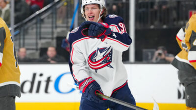 Jan 8, 2026; Las Vegas, Nevada, USA; Columbus Blue Jackets center Kent Johnson (91) celebrates after scoring a goal against the Vegas Golden Knights during the first period at T-Mobile Arena. Mandatory Credit: Stephen R. Sylvanie-Imagn Images