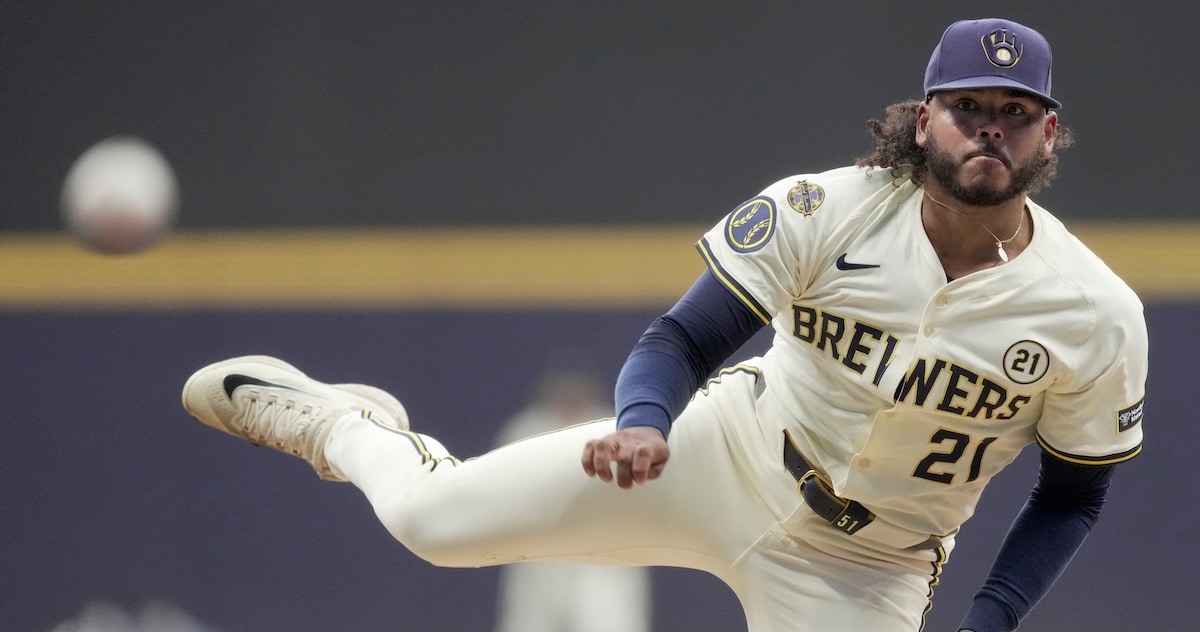 Milwaukee Brewers pitcher Freddy Peralta throws during the first inning of their game against the Los Angeles Angels Tuesday, September 16, 2025 at American Family Field in Milwaukee, Wisconsin.
