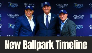 Tampa Bay Rays executives pose together at a team event announcing a new ballpark timeline.