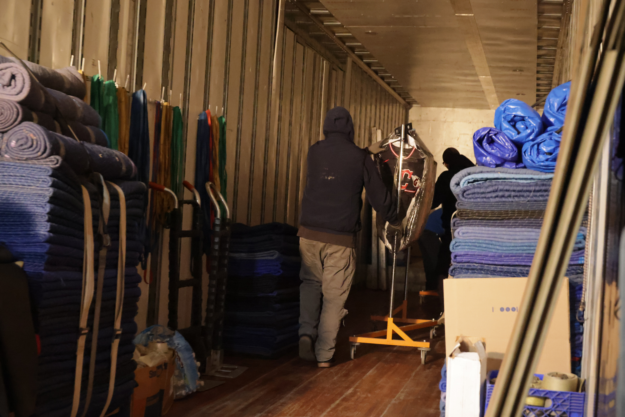 About a dozen Guardians employees and Andrews Moving & Storage workers loaded two trucks with a total of about 40,000 pounds of supplies on Thursday, January 29, 2026, at Progressive Field to be shipped to Goodyear, Arizona for spring training. The trucks are expected to be there next week.