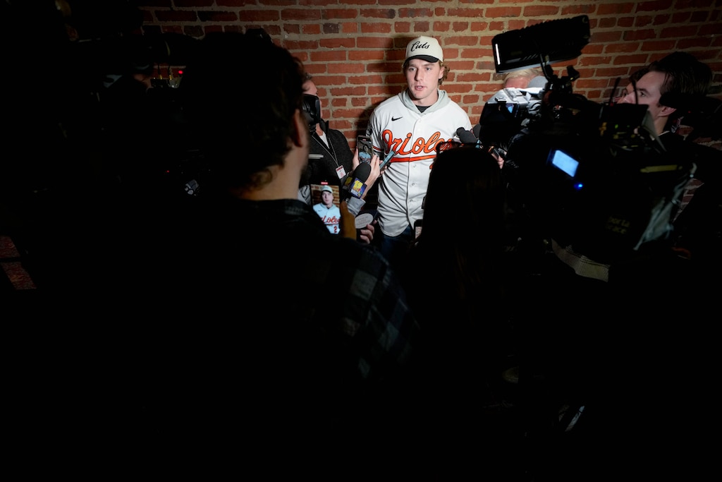 Baltimore Orioles shortstop Gunnar Henderson (2) takes questions from reporters following a Birdland Caravan event in the warehouse at Oriole Park at Camden Yards in Baltimore, Md., on Friday, January 23, 2026.