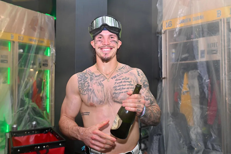 Sep 26, 2025; Boston, Massachusetts, USA; Boston Red Sox left fielder Jarren Duran (16) celebrate clinching a playoff spot after their game against the Detroit Tigers at Fenway Park. (Eric Canha/Imagn Images)