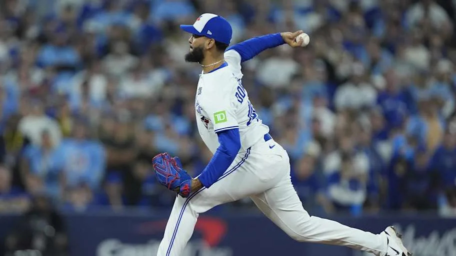 Dominguez releasing a pitch against the Dodgers in the World Series at Rogers Centr