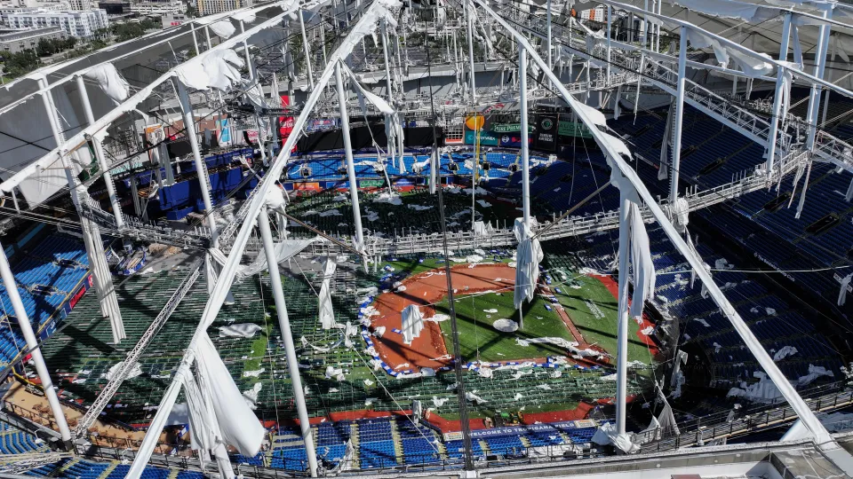 In this aerial view, the roof of Tropicana Field is seen in tatters after Hurricane Milton destroyed it as the storm passed through the area on October 10, 2024, in St. Petersburg, Florida.