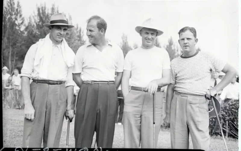 (Original Caption) 3/10/1945-Miami, FL- The fourth-seeded team of Denny Shute (L) and Sammy Byrd knocked Sam Snead and Bob Hamilton out of the running in the only big upset of the $7,500 International Four-ball Gold Tournament, March 10th. The above pair will meet Byron Nelson and Harold McSpaden…