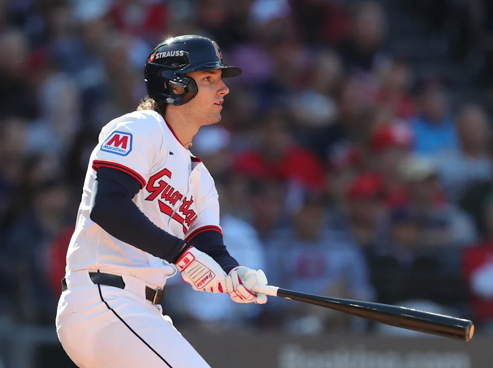 Cleveland Guardians' Chase DeLauter watches his hit during Game 2 of the American League Wild Card Series on Oct. 1, 2025, in Cleveland.&nbsp;© Jeff Lange / USA TODAY NETWORK via Imagn Images