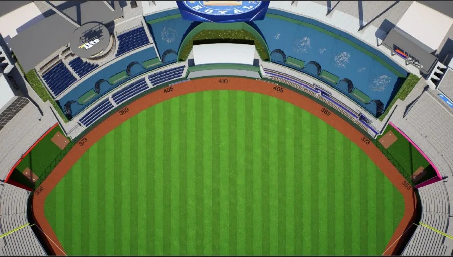 A rendering of the old dimensions of Kauffman Stadium before its outfield wall was reconstructed and brought in, adding more seats to the outfield.