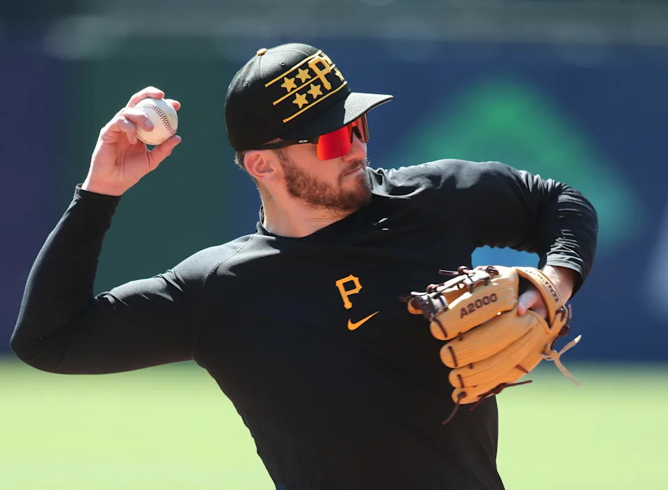 Apr 17, 2025; Pittsburgh, Pennsylvania, USA; Pittsburgh Pirates first baseman Spencer Horwitz (2) warms up before the game against the Washington Nationals at PNC Park. Mandatory Credit: Charles LeClaire-Imagn Images