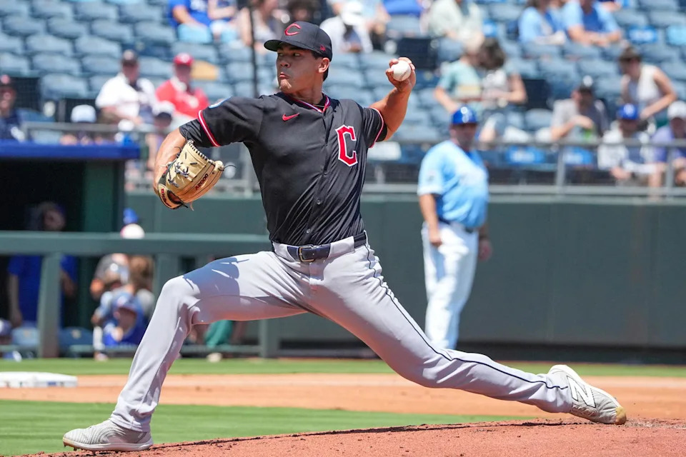 Jul 27, 2025; Kansas City, Missouri, USA; Cleveland Guardians starting pitcher Joey Cantillo (54) delivers a pitch against the Kansas City Royals during the first inning at Kauffman Stadium. Mandatory Credit: Denny Medley-Imagn Images