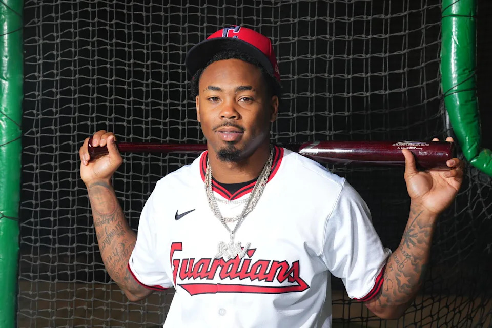 Feb 20, 2025; Goodyear, AZ, USA; Cleveland Guardians player Kahlil Watson poses for a photo during MLB Media Day at Cleveland Guardians Spring Training Facility. Mandatory Credit: Joe Camporeale-Imagn Images