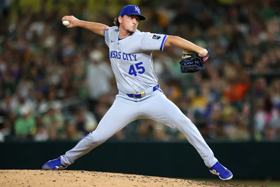 Taylor Clarke #45 of the Kansas City Royals pitches against the Athletics during the bottom of the fifth inning at Sutter Health Park on Sept. 26, 2025, in Sacramento.