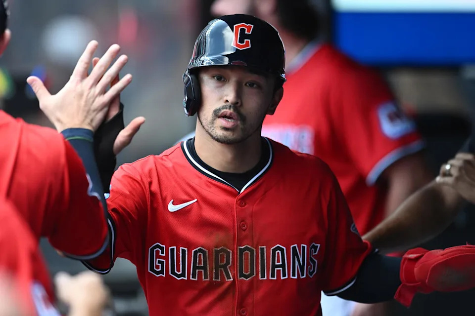 Aug 17, 2025; Cleveland, Ohio, USA; Cleveland Guardians left fielder Steven Kwan (38) celebrates after scoring during the third inning against the Atlanta Braves at Progressive Field. Mandatory Credit: Ken Blaze-Imagn Images