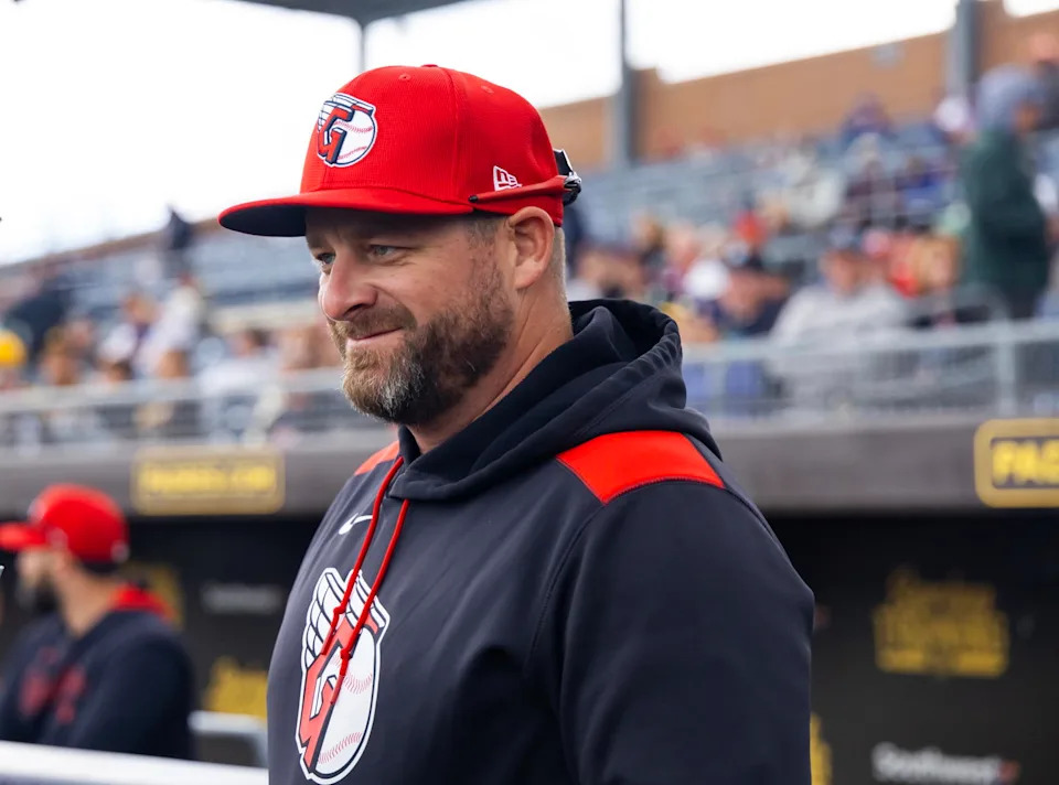 Mar 3, 2025; Peoria, Arizona, USA; Cleveland Guardians manager Stephen Vogt against the Seattle Mariners during a spring training game at Peoria Sports Complex. Mandatory Credit: Mark J. Rebilas-Imagn Images
