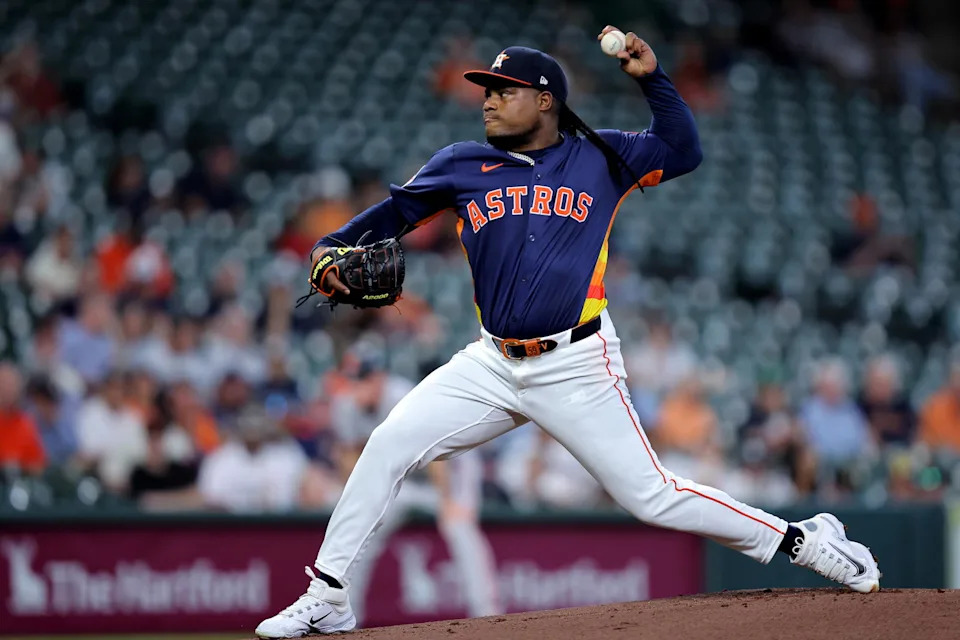 Apr 2, 2025; Houston, Texas, USA; Houston Astros starting pitcher Framber Valdez (59) delivers a pitch against the San Francisco Giants during the first inning at Daikin Park. Mandatory Credit: Erik Williams-Imagn Images