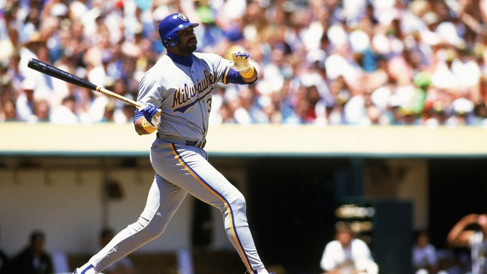 Dave Parker #39 of the Milwaukee Brewers watches the flight of his hit during a 1990 season game against the Athletics at Oakland Alameda County Stadium in Oakland, California. (Photo by Otto Greule Jr/Getty Images)