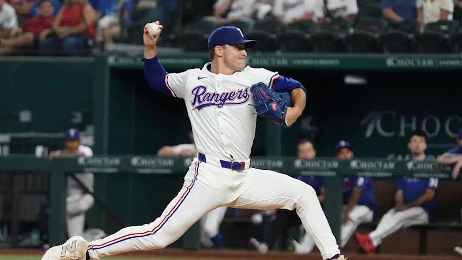 Texas Rangers pitcher Jack Leiter throws to the plate during the first inning against the Miami Marlins at Globe Life Field.