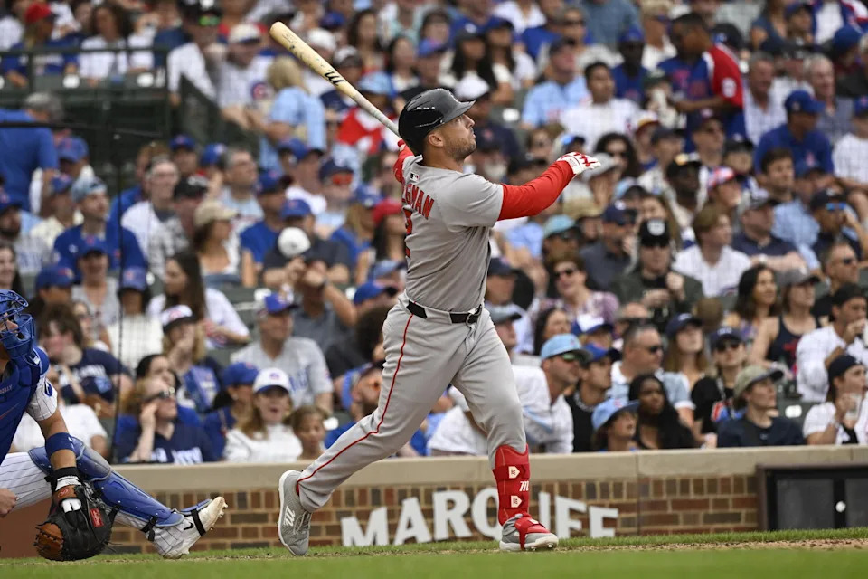 Jul 20, 2025; Chicago, Illinois, USA; Boston Red Sox third baseman Alex Bregman (2) hits a three run home run against the Chicago Cubs during the eighth inning at Wrigley Field. (Matt Marton/Imagn Images)