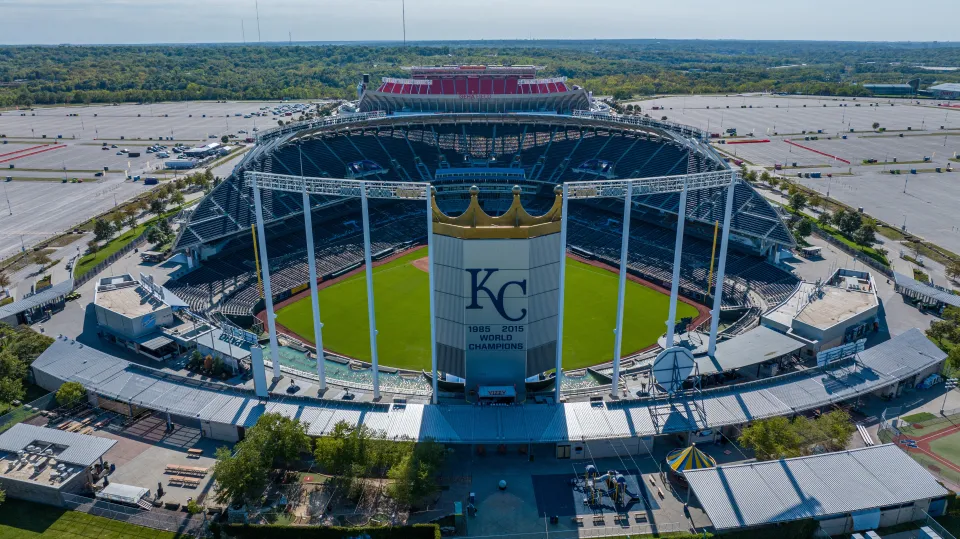 Kansas City, Missouri - Aerial view of Kauffman Stadium and Arrowhead Stadium, home to the Kansas City Royals and Kansas City Chiefs respectively.