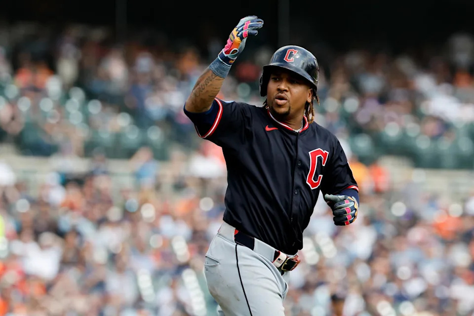 Sep 18, 2025; Detroit, Michigan, USA; Cleveland Guardians third base Jose Ramirez (11) celebrates after he hits a two run home run in the seventh inning against the Detroit Tigers at Comerica Park. Mandatory Credit: Rick Osentoski-Imagn Images